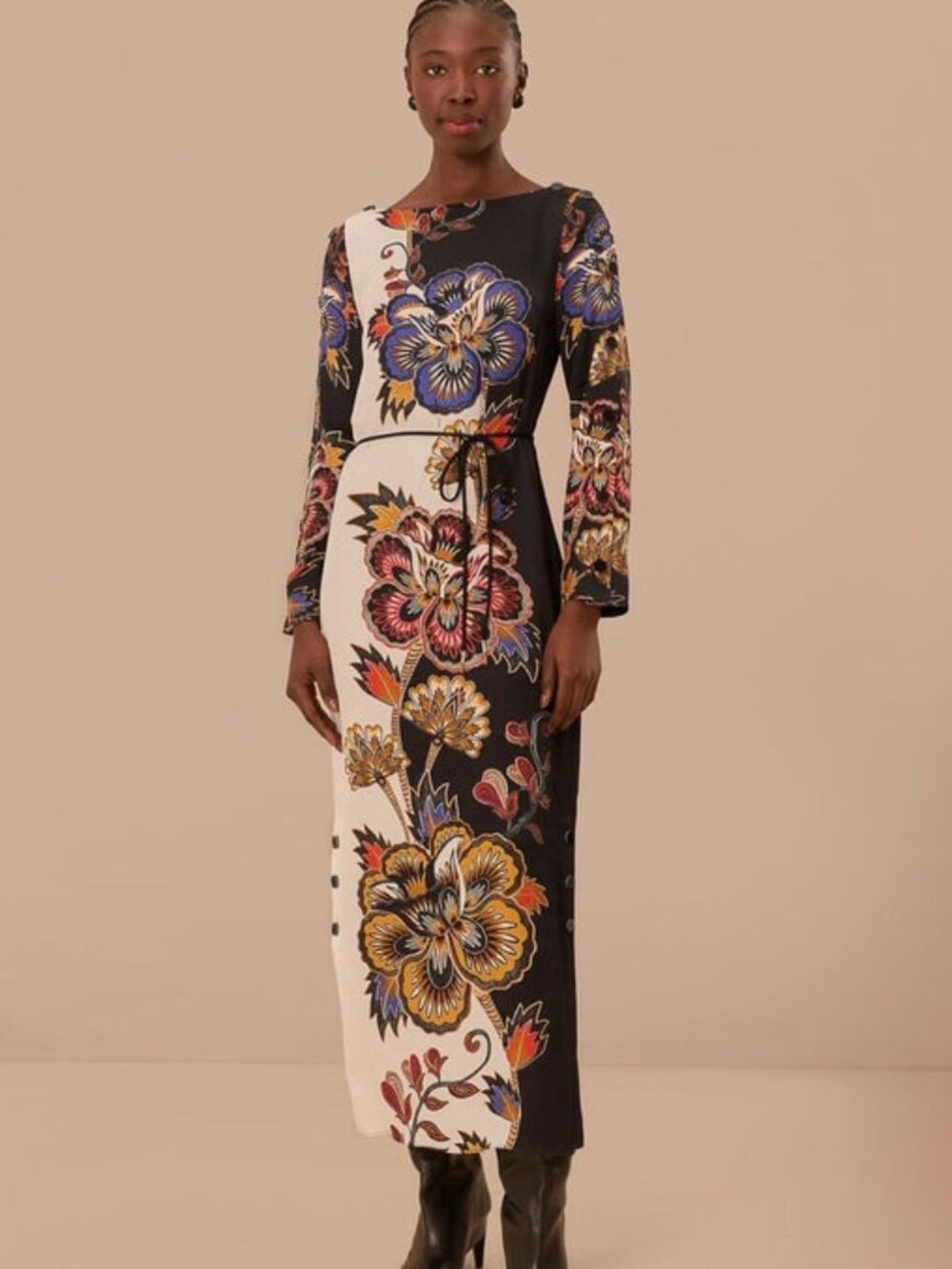 SoldFARM Rio Black and White Maxi Floral Midi Dress Long Sleeves Women's Size XL